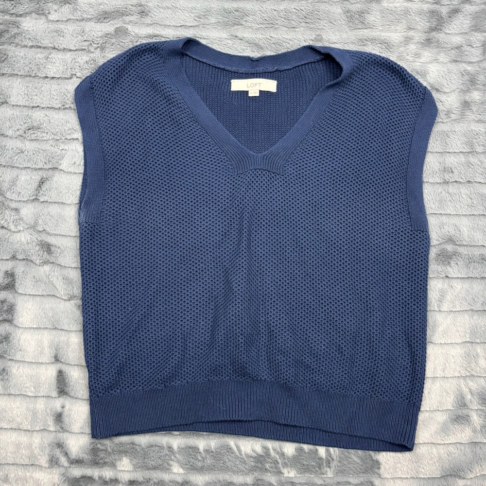 Loft Womens Navy Blue Cotton V-Neck Sweater Vest Textured Knit Top Size Medium